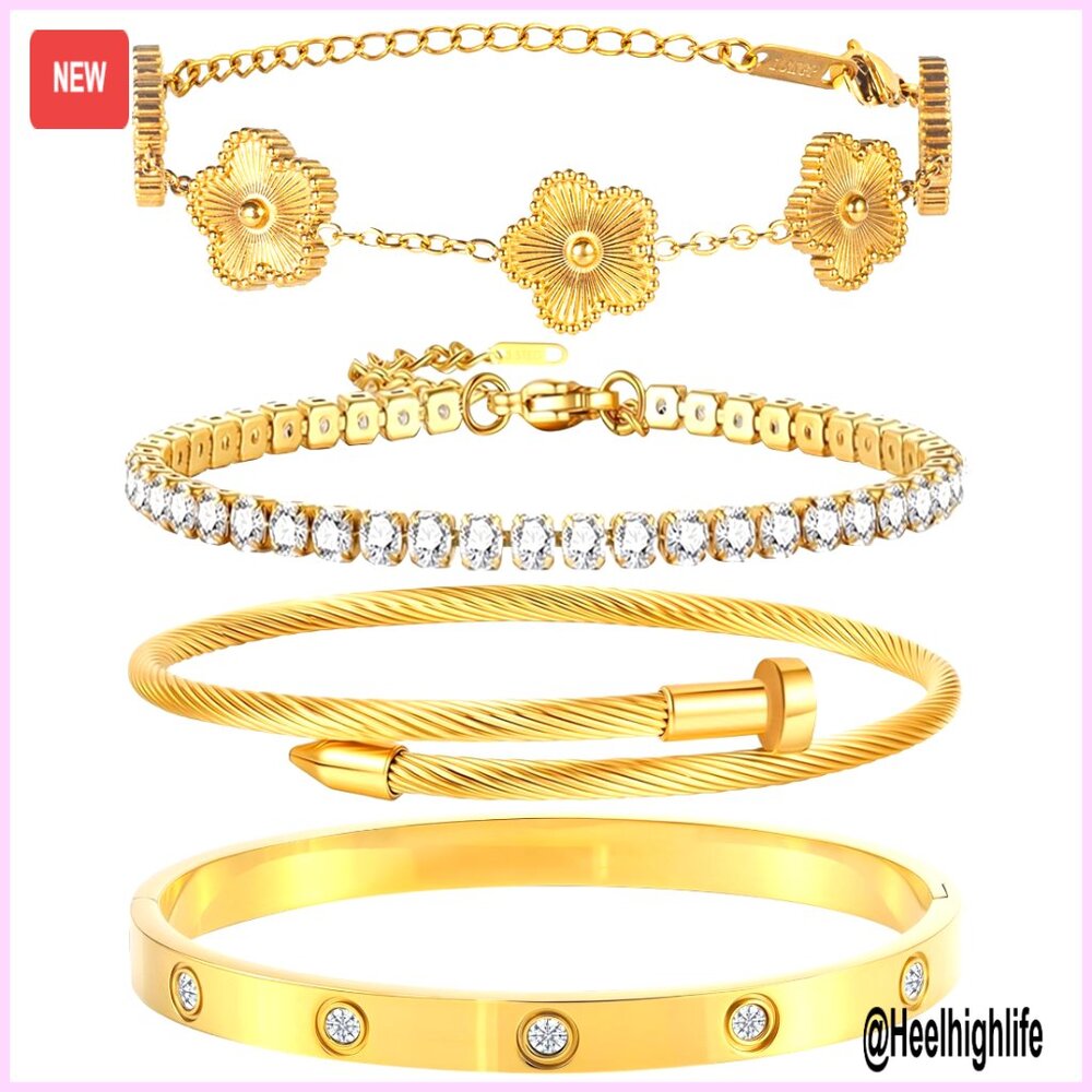 18k Gold Plated Stackable Bracelet Set, Adjustabl… - image 1